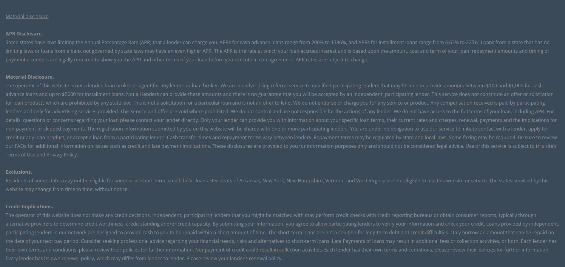 Material disclosure for payday loans in Kansas City Kansas